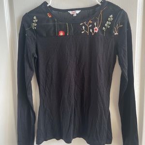 Candies Womens Black Stretch Top | Size S | Long Sleeve Embroidered Part Mesh